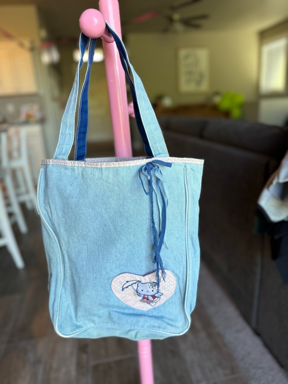 Hello Kitty Denim Tote Bag Sanrio Blue Canvas Embroidered Y2K Shoulder Bag
